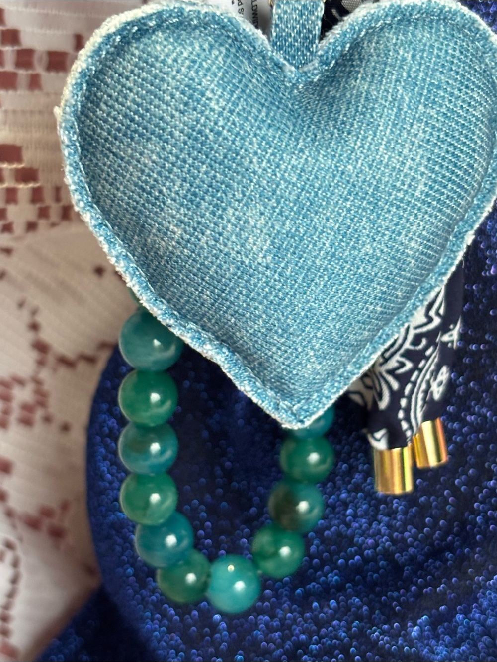 Park Lane Blue Denim Heart Keychain with Teal Bead Strand and Navy Bandana Tie - Picture 7 of 9